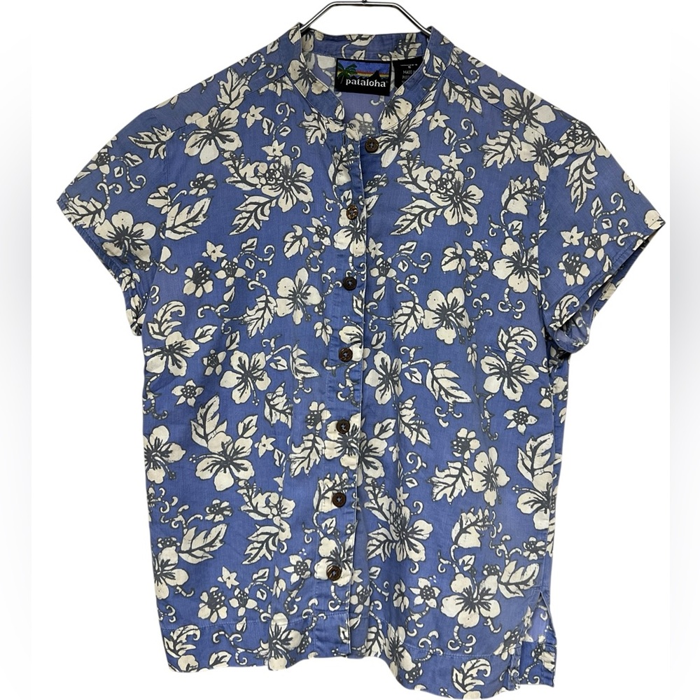 Pataloha cotton blue grey tropical floral button down short sleeve shirt Hawaii